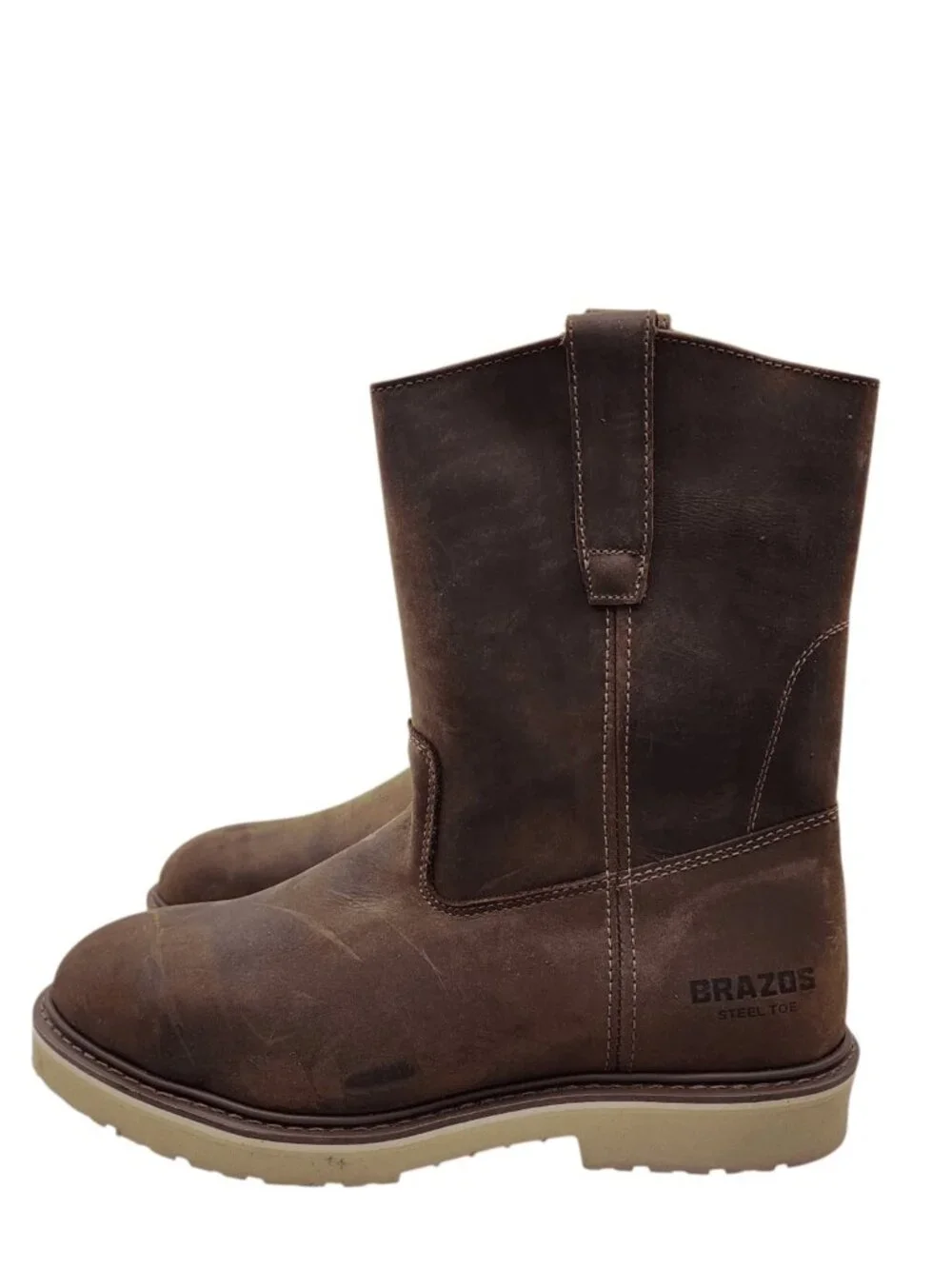Brazos Men’s Waltham Wellington Steel‑Toe Work Boots Brown Leather Pull‑On Sz 12
